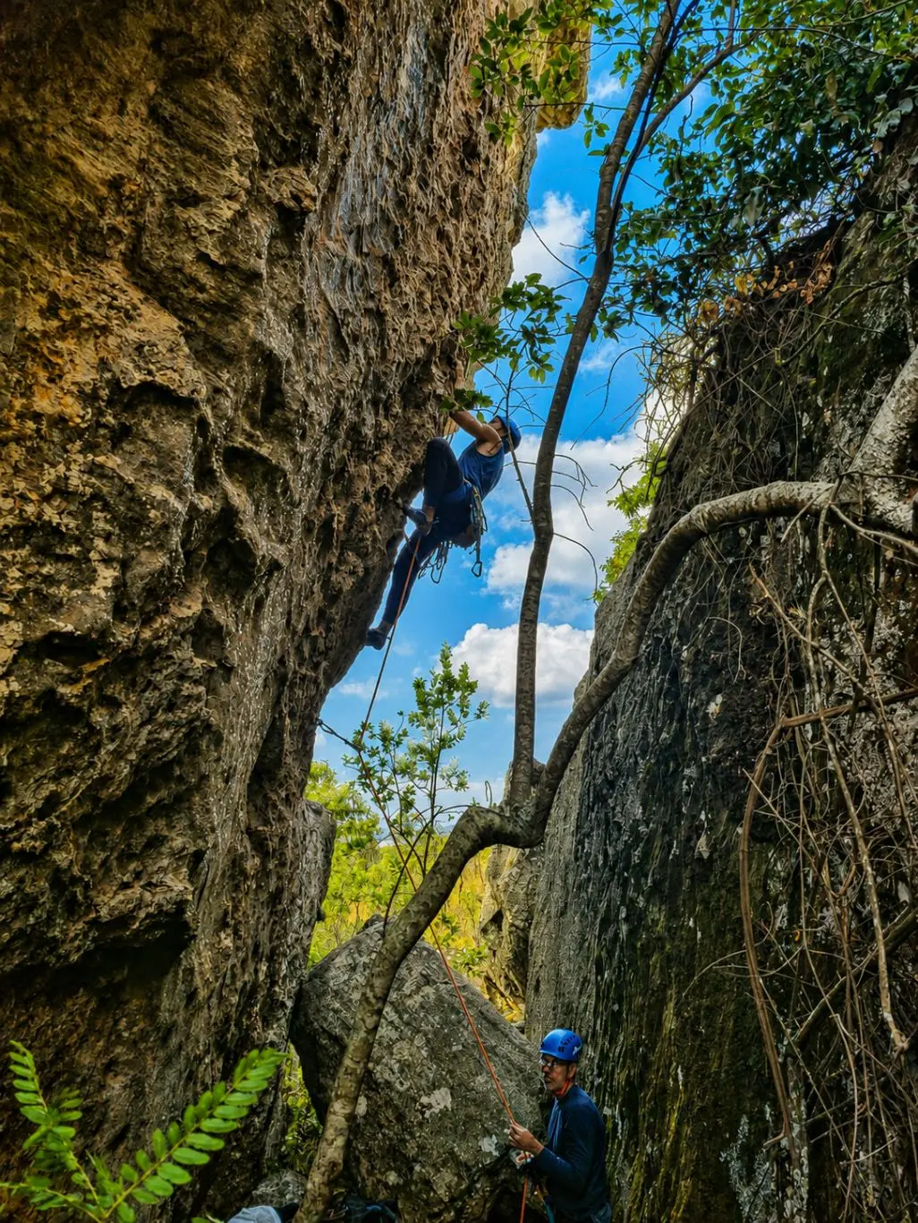 Foto da via de escalada Cadê Meu Brinco (7b), no setor Jurassic, no pico Parque Estadual dos Pirineus